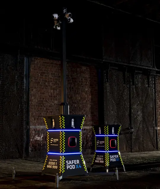 Safer POD X4 and Safer POD X1 with blue and red deterrence lights engaged.